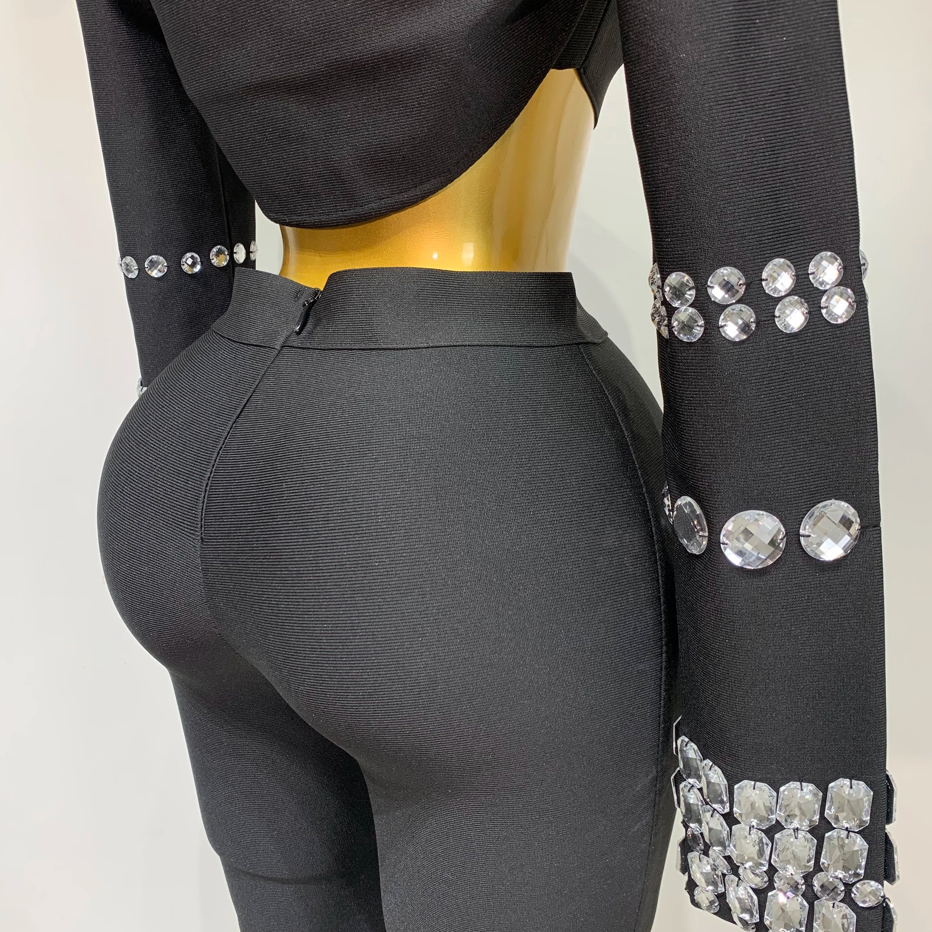 Women Celebrity Sexy Long Sleeve Beading Black Bodycon Bandage Three Piece Set Elegant Evening Club Party Birthday Outfits