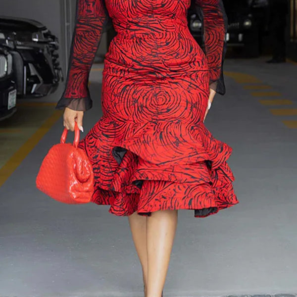 Women Long Sleeve mesh O-neck mult Ruffles Bodycon Midi Dress 2025 Africa OL Work Evening Sexy Party Dresses Vestidos