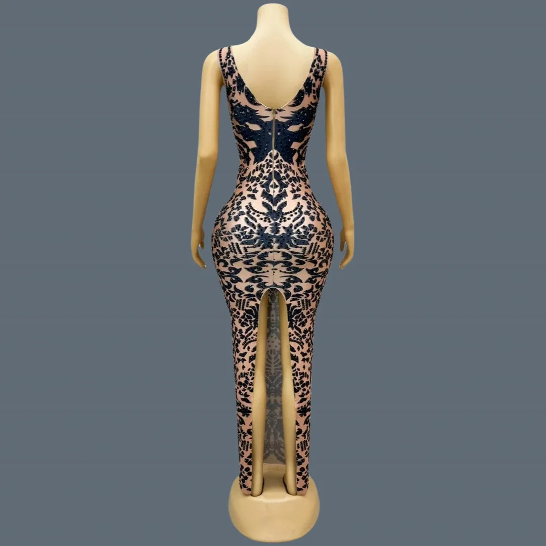 Women's Black Pattern Rhinestone Sparkly Ball Dress Birthday Luxury Dinners Sexy Maxi Dress Celebrate Party Evening Gown Heijiao