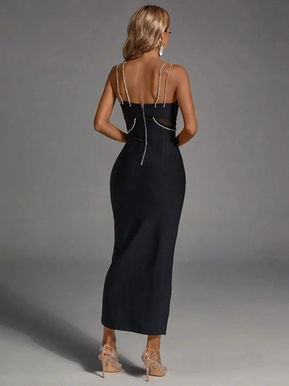 2025 Spring Women's Water Diamond Chain Strap Sleeveless Bandage Dress Patchwork Bodycon Long Dress Evening Club Party Vestidos