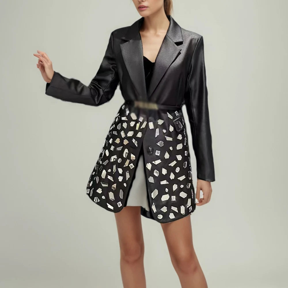 Spliced Diamonds Luxurious Jackets for Women Lapel Long Sleeves Patchwork Single Breasted Fashion Jacket Female New BLACK