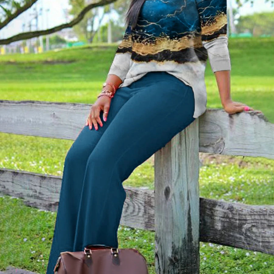 LW Plus Size V Neck Mixed Print Side Split Pants Set Casual Long Sleeve Top Fashion Loose Two Piece Set Outfit