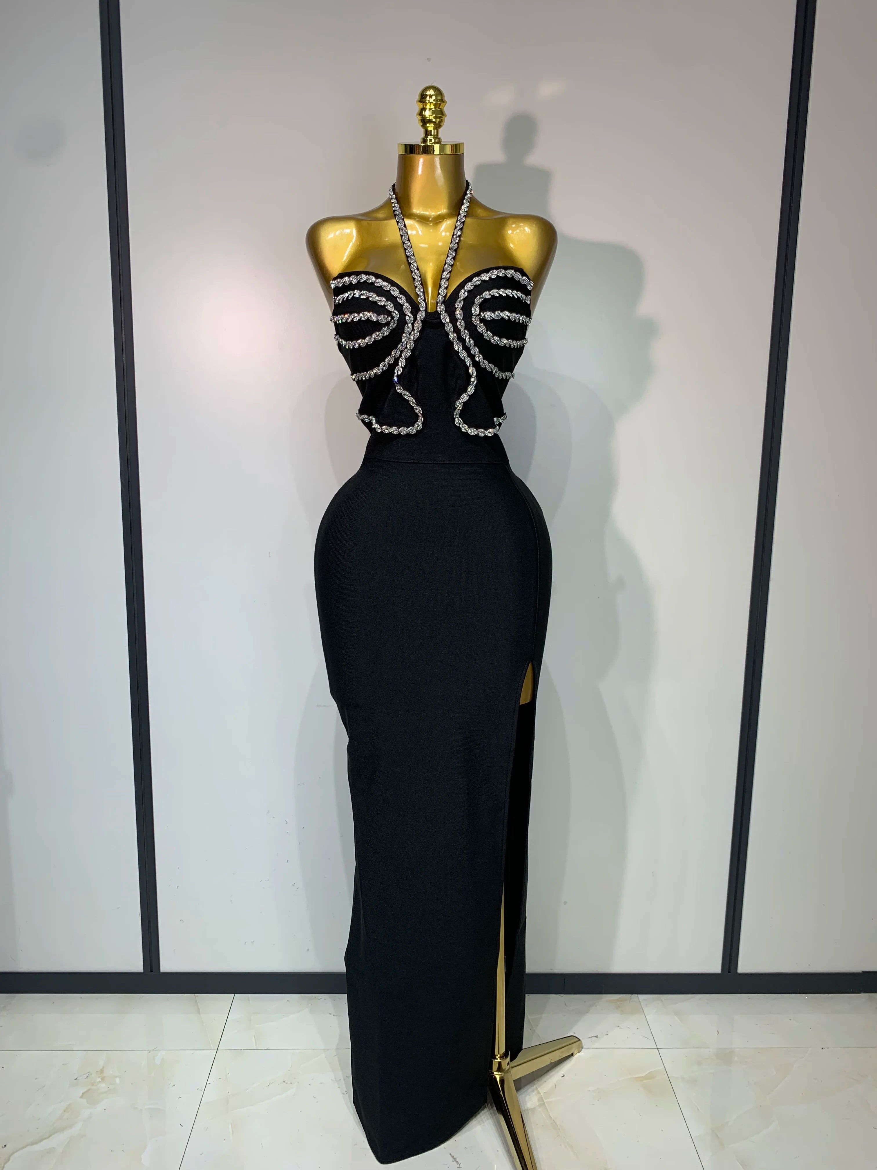 Women Sexy Halter Backless Shinning Crystal Bodycon Long Dress Celebrate Birthday Elegant Evening Party Dress Wedding Guest Gown black