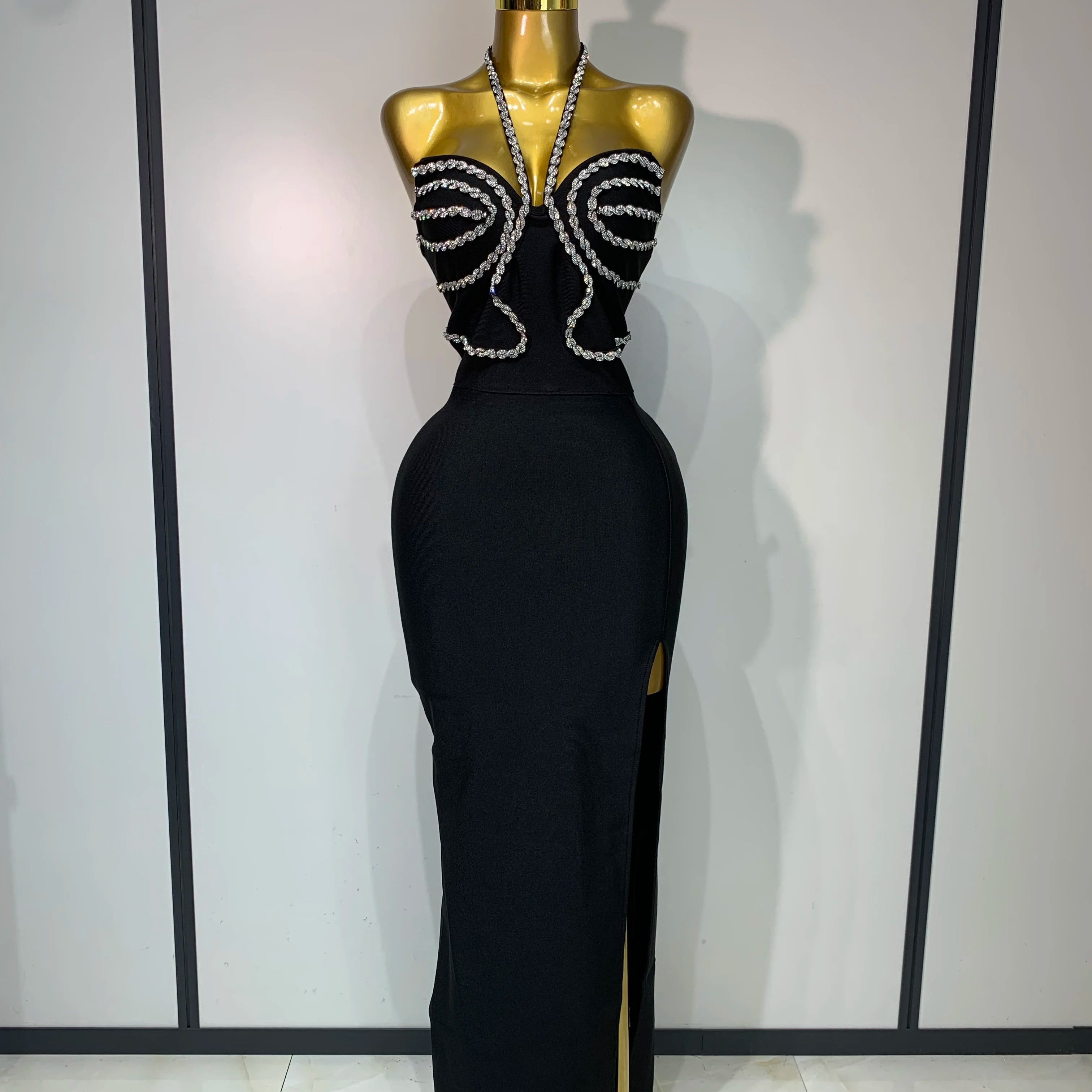 Women Sexy Halter Backless Shinning Crystal Bodycon Long Dress Celebrate Birthday Elegant Evening Party Dress Wedding Guest Gown black