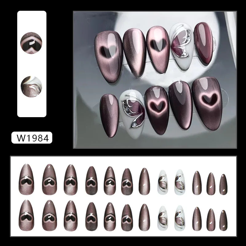 24pcs French Almond Press on Nails Retro Green Cat Eye Fake Nail Tips Detachable Wearable Sweet Cool Spice Girl False Nails 2