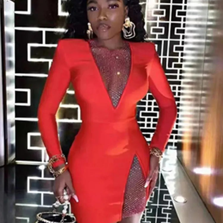 Black New Winter Black Beading Long Sleeve Dress Sexy Hollow Out Sheath Mini Club Celebrity Runway Party Dress