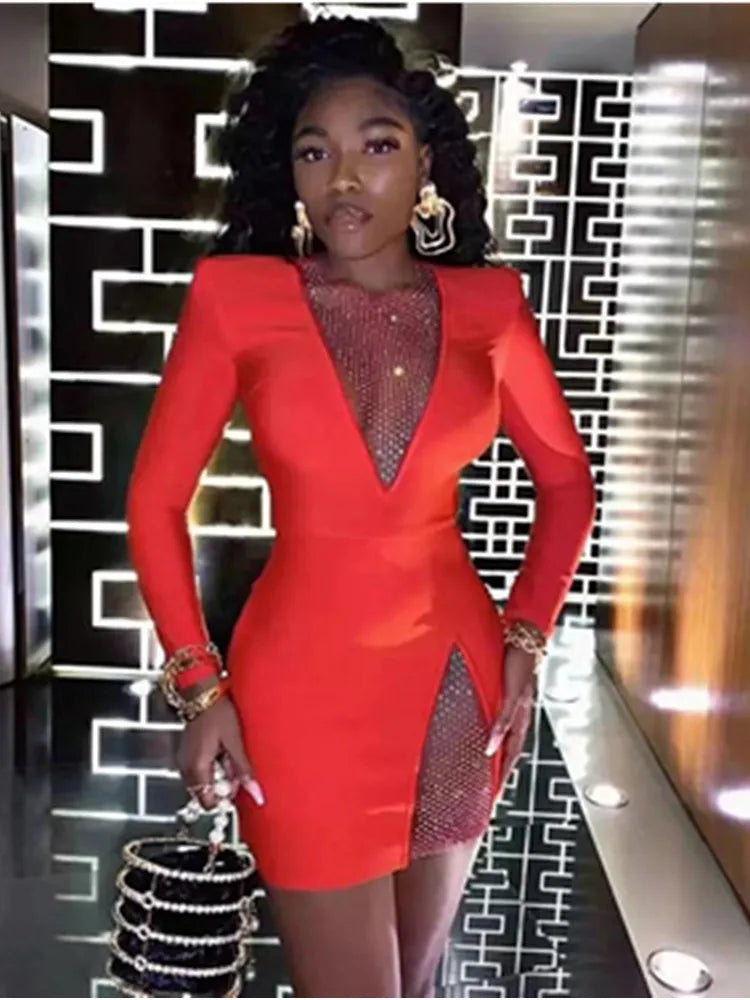 Black New Winter Black Beading Long Sleeve Dress Sexy Hollow Out Sheath Mini Club Celebrity Runway Party Dress