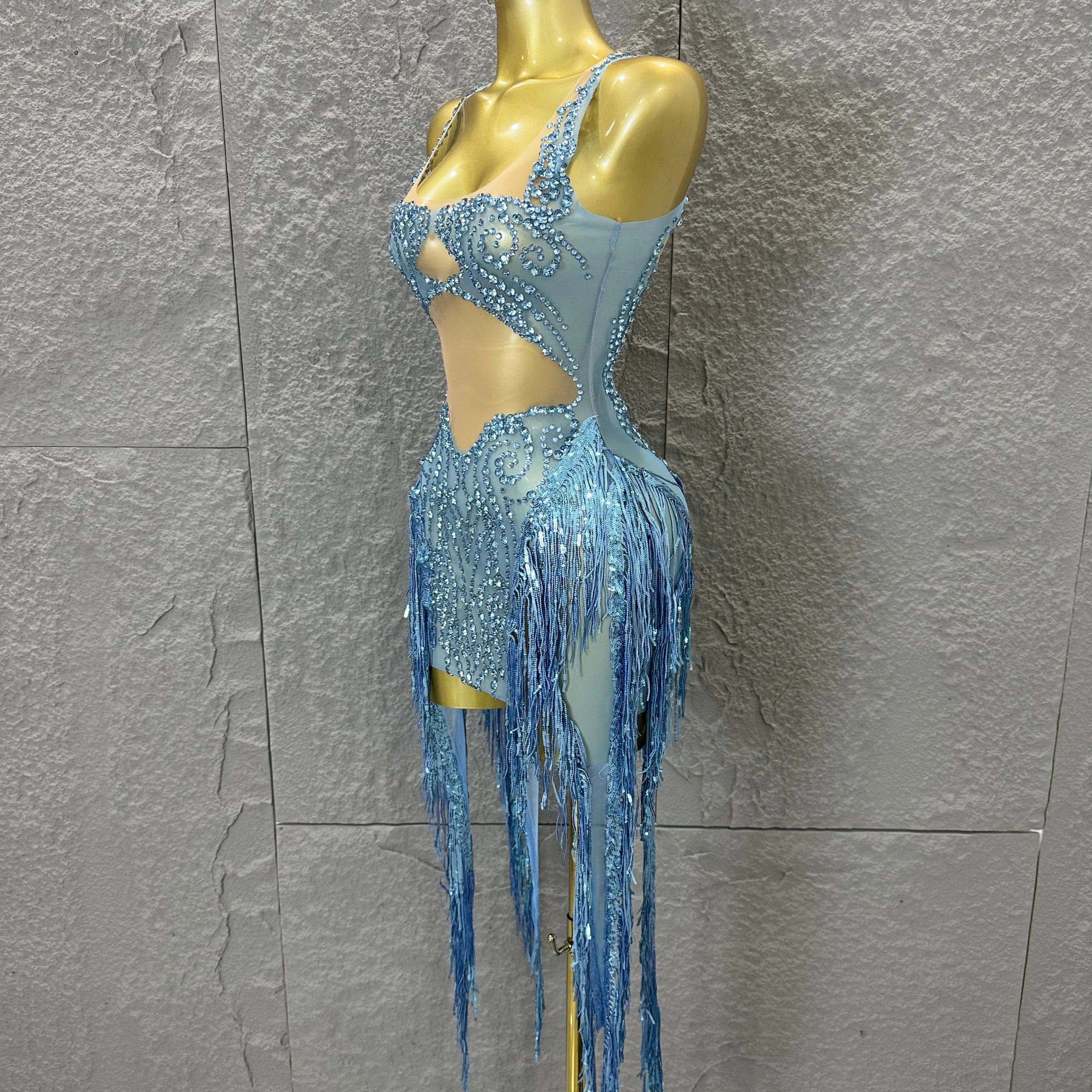 Refined Blue Spaghetti Strap Mini Dress Women Sheer Mesh Rhinestone Fringe Embellished Latin Dance Performance Costume