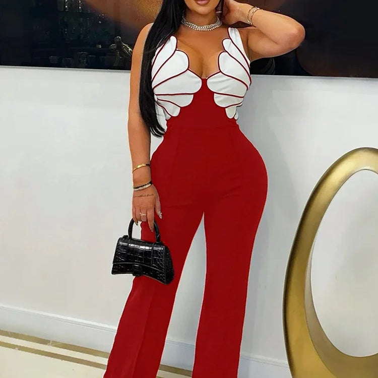 Women V-Neck Backless Wide Leg Straight Sleeveless Jumpsuits 2025 Spring Patchwork Sexy One Piece Set Streetwear Outfits