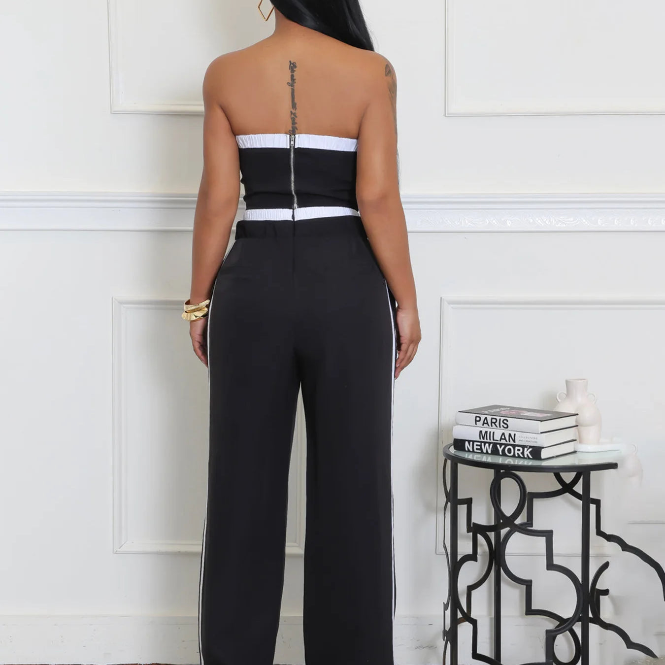 2025 Women's Set Sleeveless Ribbon Strapless Tops + Wide Leg Pants Fitness Streetwear Two 2 Piece Sets Outfits Tracksuit