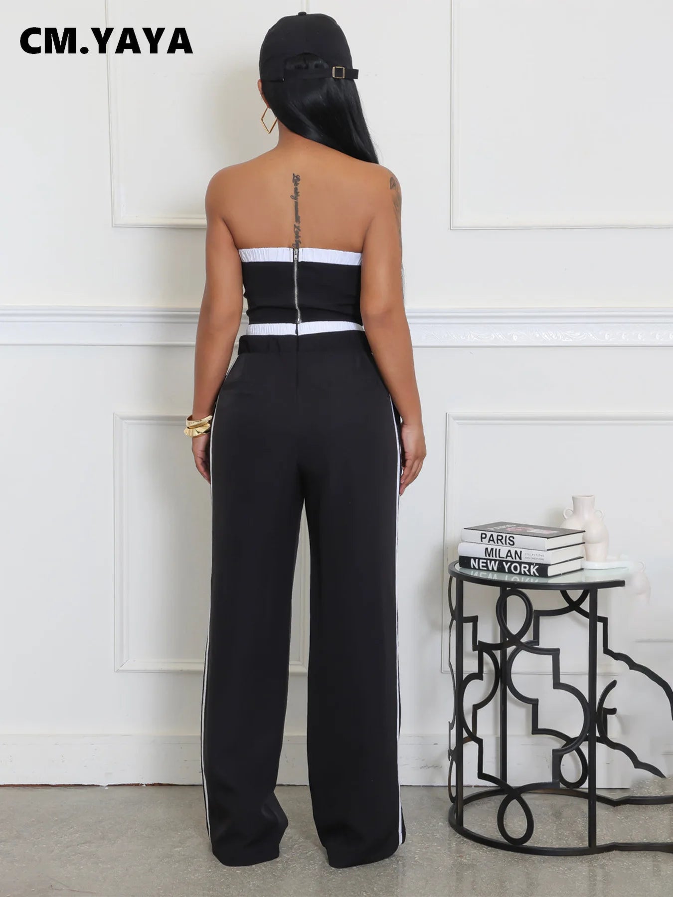 2025 Women's Set Sleeveless Ribbon Strapless Tops + Wide Leg Pants Fitness Streetwear Two 2 Piece Sets Outfits Tracksuit