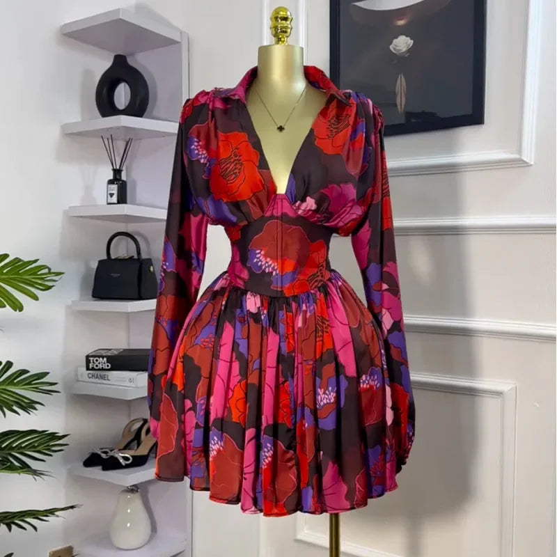 Women V-neck Long Sleeve Pleated Floral Print Mini Dress Sweet elegant Sexy Birthday Beach Night Party Vestidos Dresses red flower