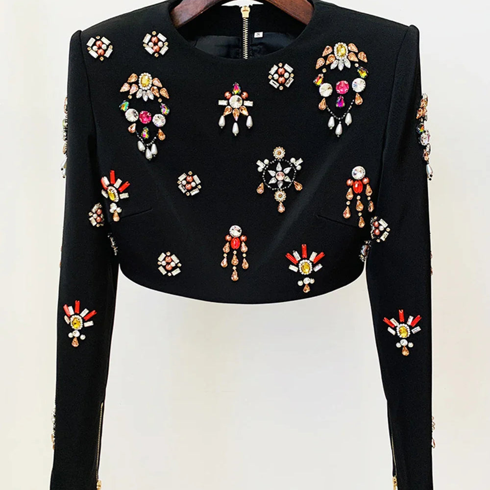 Ailigou 2023 New Autumn Women's Fashion Sexy Luxury Colorful Diamond Bead Short Top+Dress Black Two Piece Set