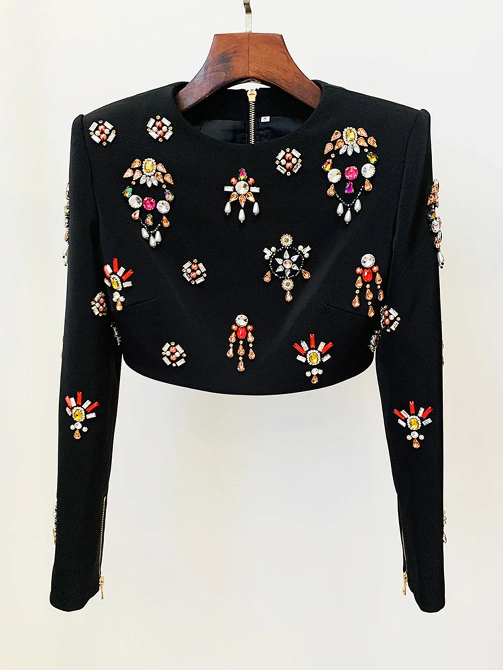 Ailigou 2023 New Autumn Women's Fashion Sexy Luxury Colorful Diamond Bead Short Top+Dress Black Two Piece Set