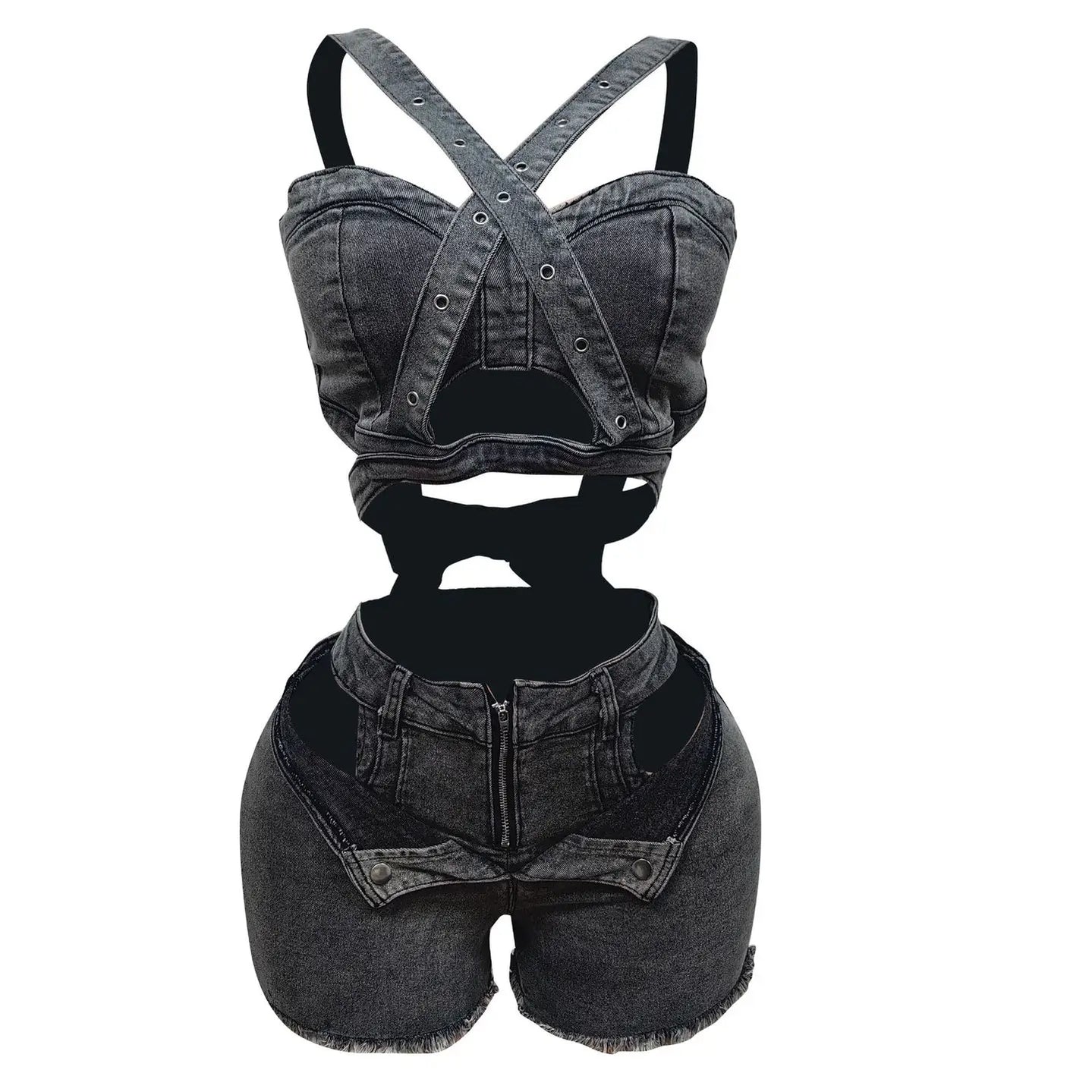 CM.YAYA Fashion Denim Cutout Women's Set Wrap Strap Crop Top and Shorts Jeans 2025 Summer Two 2 Piece Sets Outfits Tracksuit