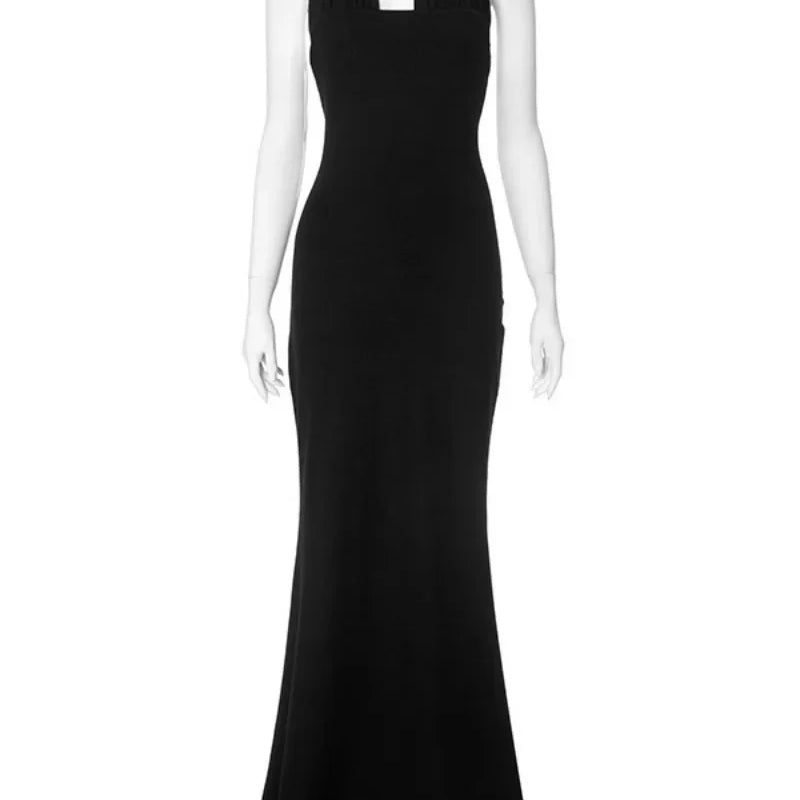 Sexy Elegant Summer Sleeveless Halter Neck Long Maxi Dresses for Women Sexy Off Shoulder Bodycon Evening Party Black Dress
