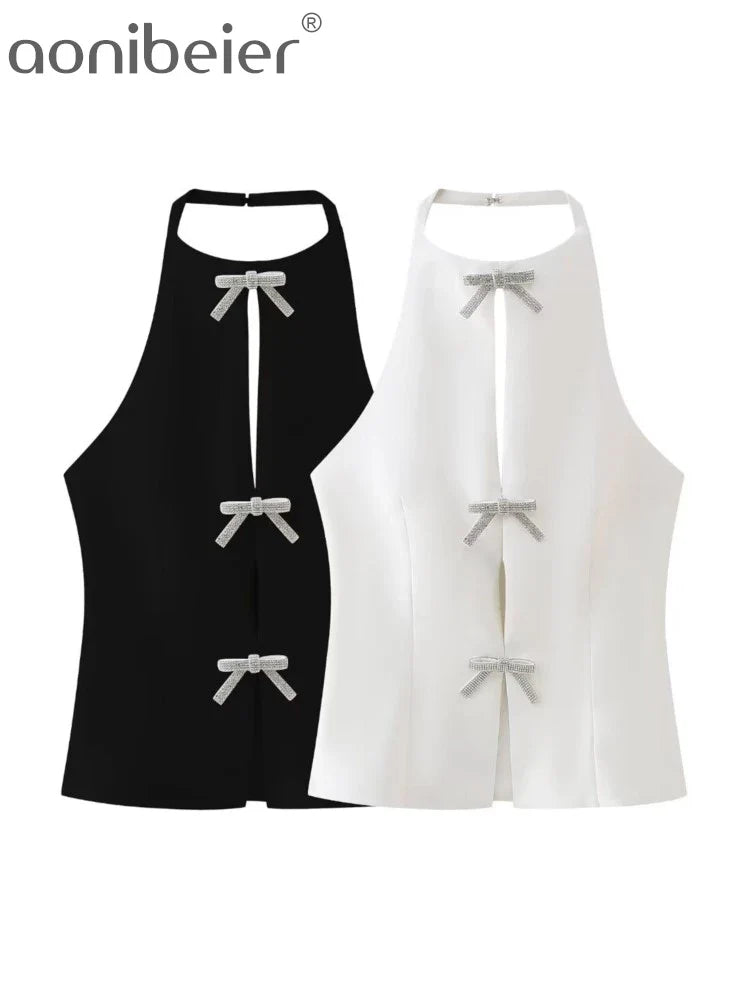 Aonibeier Y2K Black White Women Camis Traf Summer Diamonds Bow Hollow Out Sleeveless Backless Slim Halter Female Crop Top