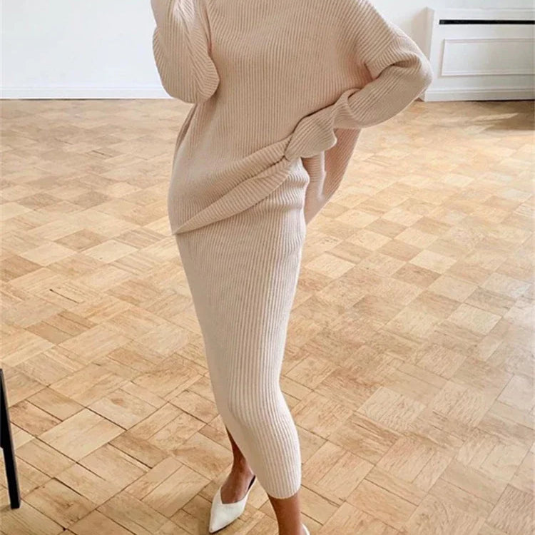 new Ribbed Knit 2 Piece Dress Set Outfits Ladies Knitwear Top And Midi Skirt Sets For Women Casual Winter Sweater Sets Beige