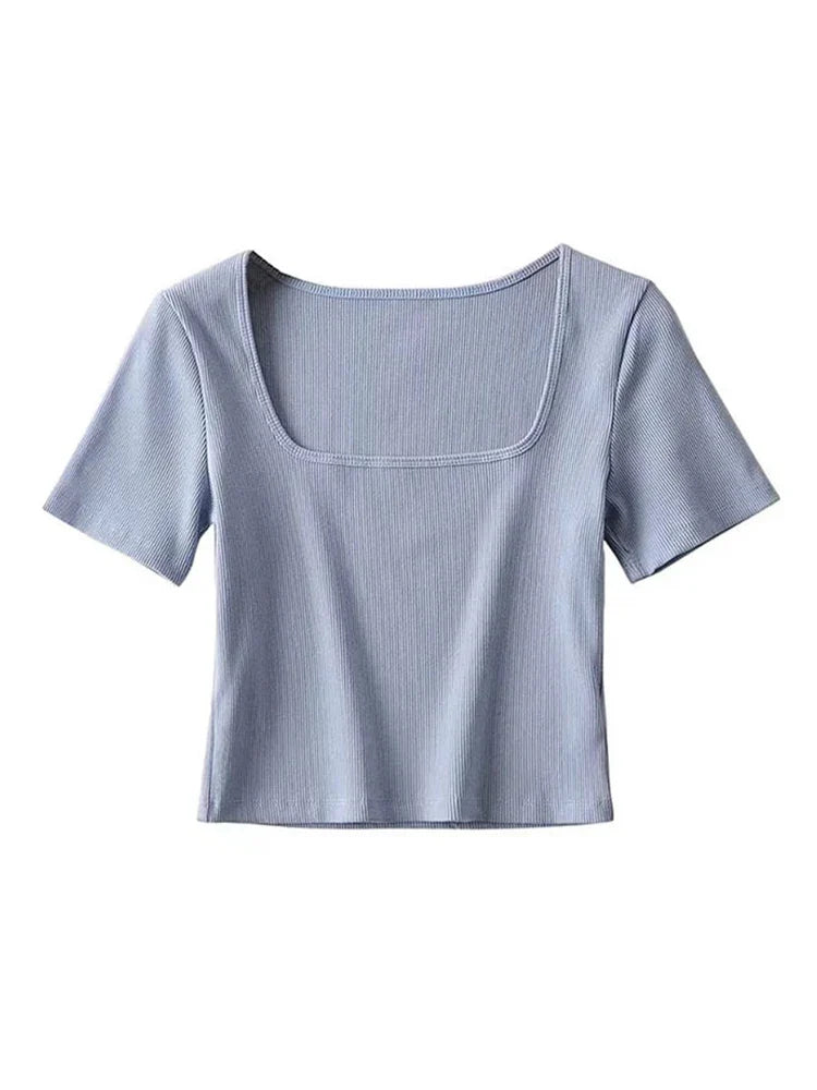 Women Square Neck Rib Crop T-shirt Short Sleeve Crop Top Blue