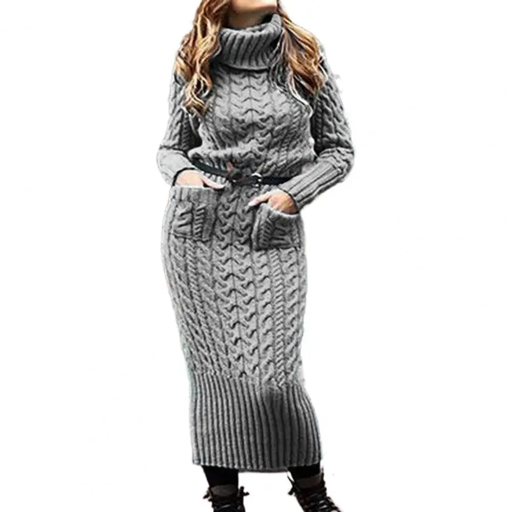 Korean Style Twist Knitted Long Dress Autumn Turtleneck Back Split Pockets Twisted Knit Casual Long Sweater Dress Grey