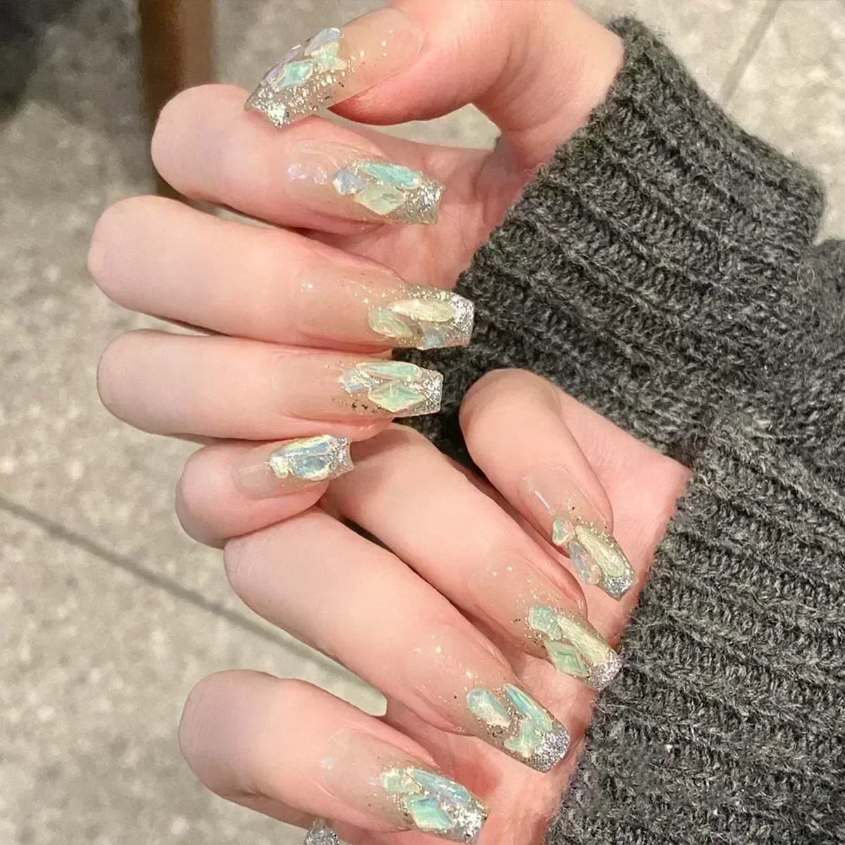 24Pcs False Nails French Gradient Ballet Fake Nails Press on Nails Black Heart Rhinestone Design Glitter Full Cover Nail Tips 2