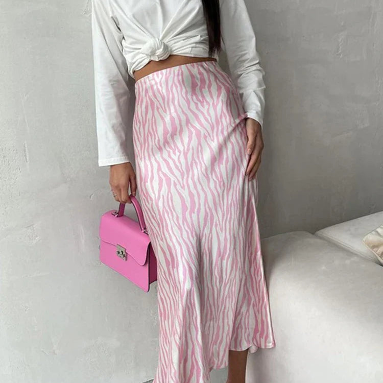2023 Summer Autumn Women Elegant Midi Satin Skirts Printed High Waist Office Ladies Bodycon Pencil Slim Skirt For Women