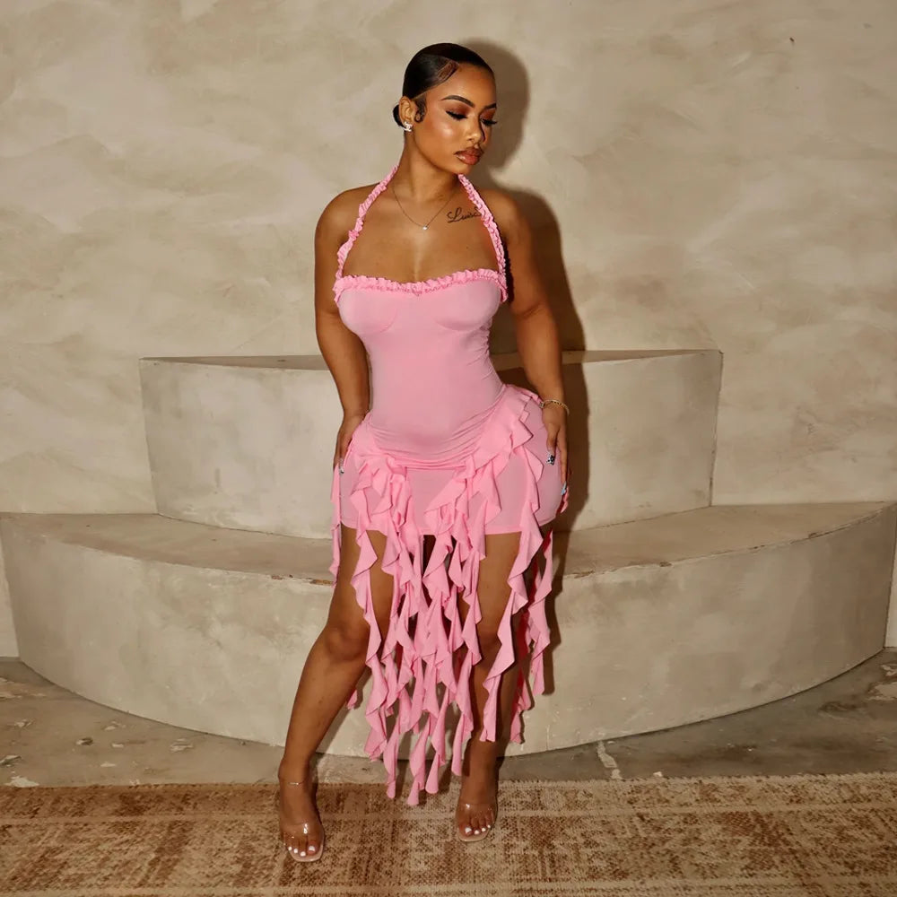 CM.YAYA Women Sleeveless Strapless Halter Long Dress Summer Streetwear Beach Tassel Evening Sexy Night Party Dresses Vestidos