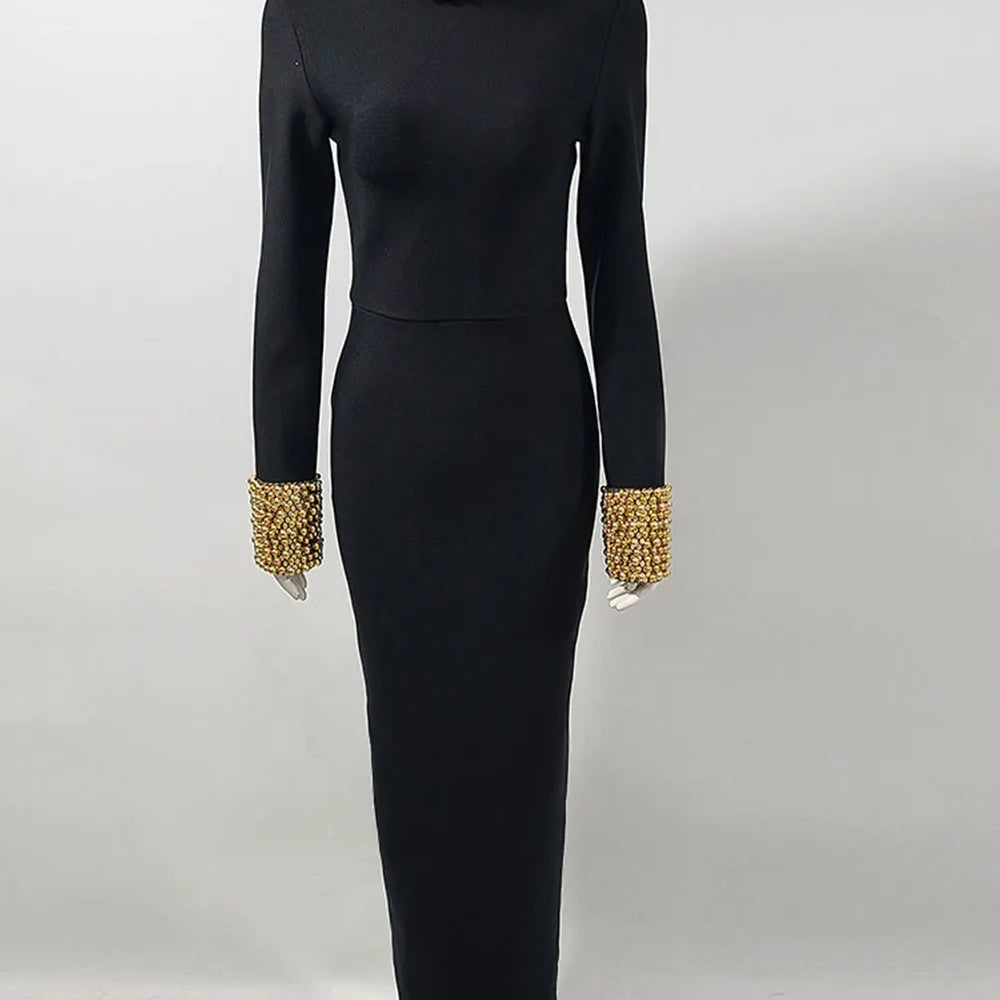 2025 Elegant Women Light Luxury Nail Bead Design Bandage Dress High Collar Long Sleeve Bodycon Long Dress Evening Party Vestidos