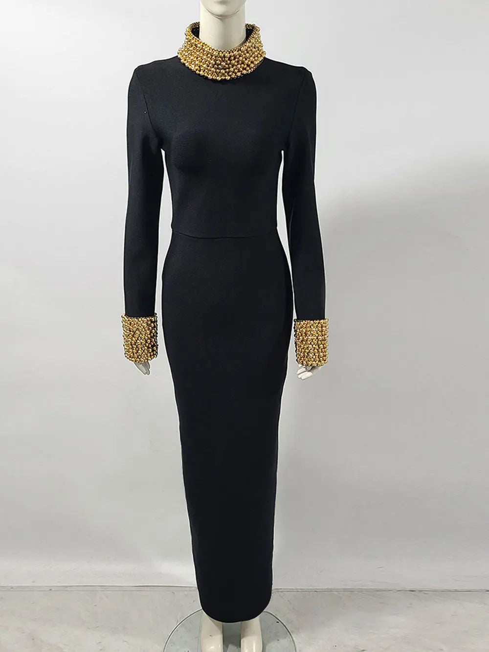 2025 Elegant Women Light Luxury Nail Bead Design Bandage Dress High Collar Long Sleeve Bodycon Long Dress Evening Party Vestidos