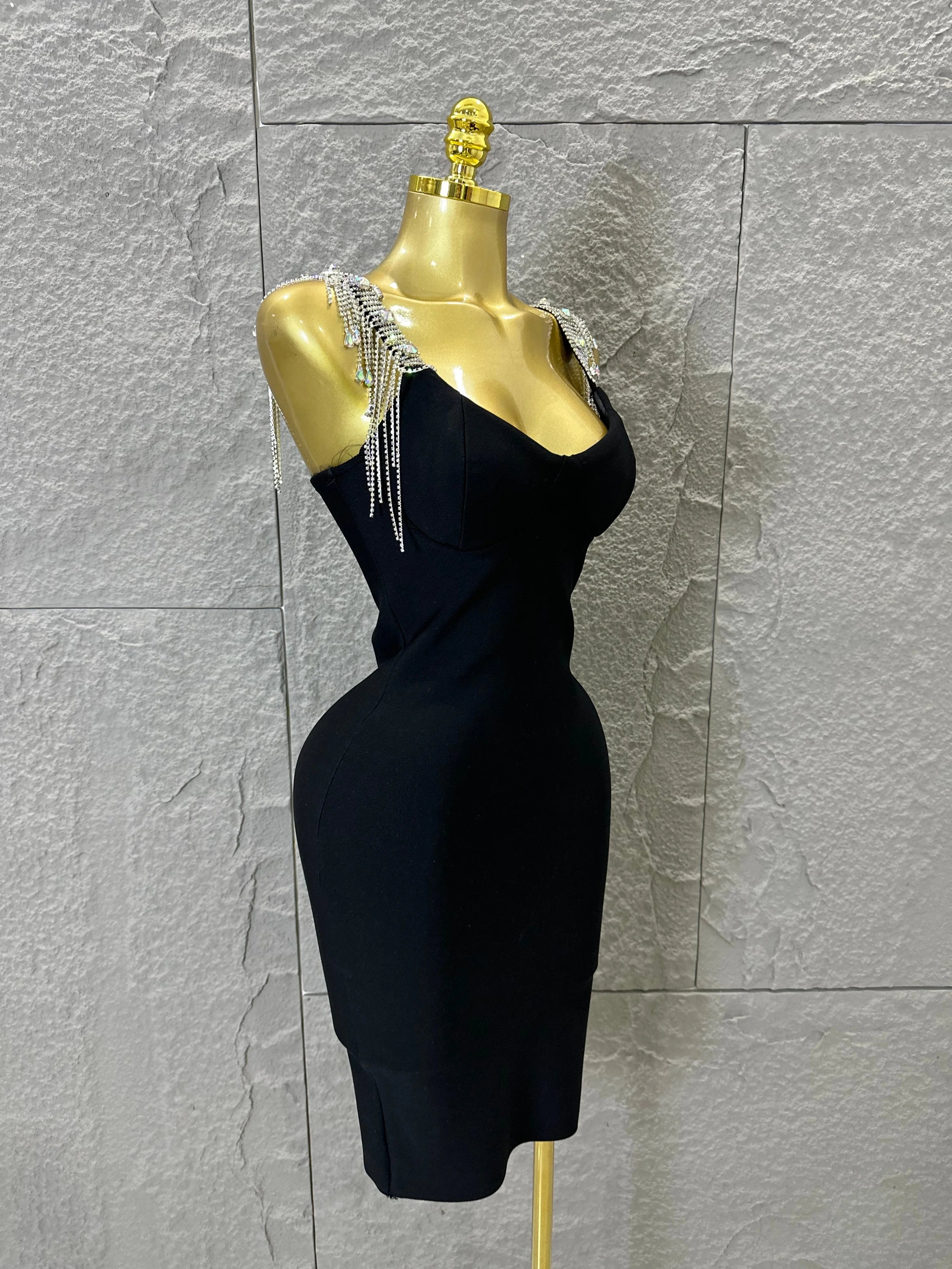 Elegant Sweetheart Neck Mini Dress Women Sexy Crystal Tassel Embellished Spaghetti Strap Bodycon Outfit Formal Event Party