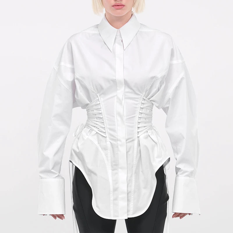 Solid Spliced Lace Up T Shirts for Women Lapel Long Sleeve Patchwork Single Breasted Fashion Top Female Clothing