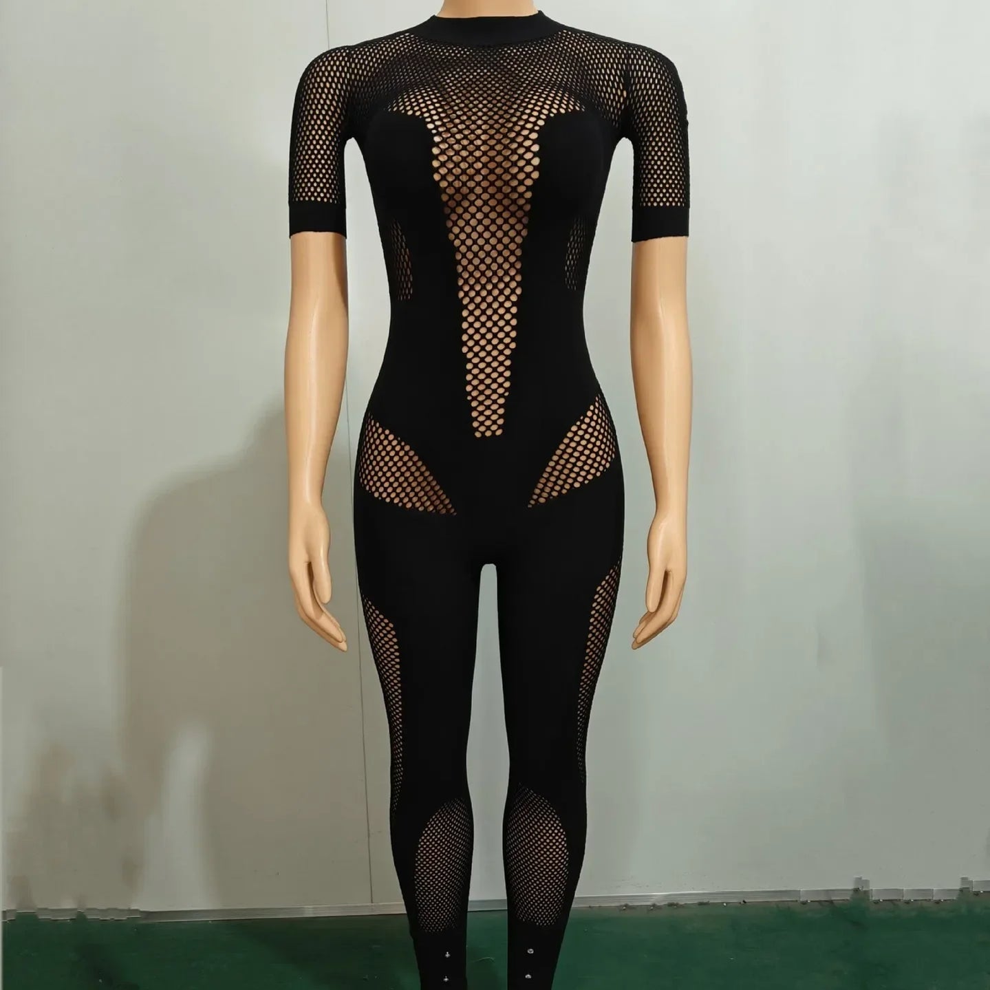 CM.YAYA Short Sleeve Women Mesh Hollow Out O-neck Rompers Jumpsuits 2024 Summer Sleep Night Club Party One Piece Sexy Outfits Black One Size