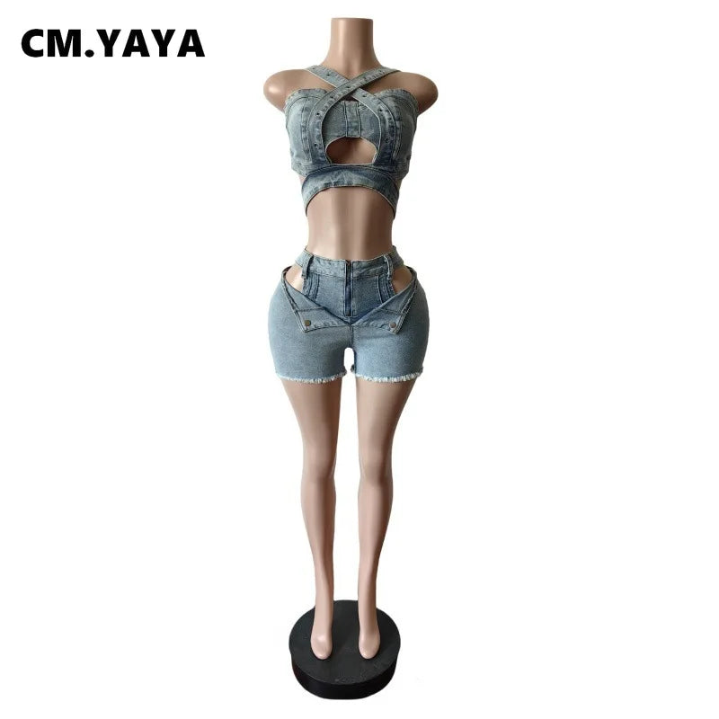 CM.YAYA Fashion Denim Cutout Women's Set Wrap Strap Crop Top and Shorts Jeans 2025 Summer Two 2 Piece Sets Outfits Tracksuit