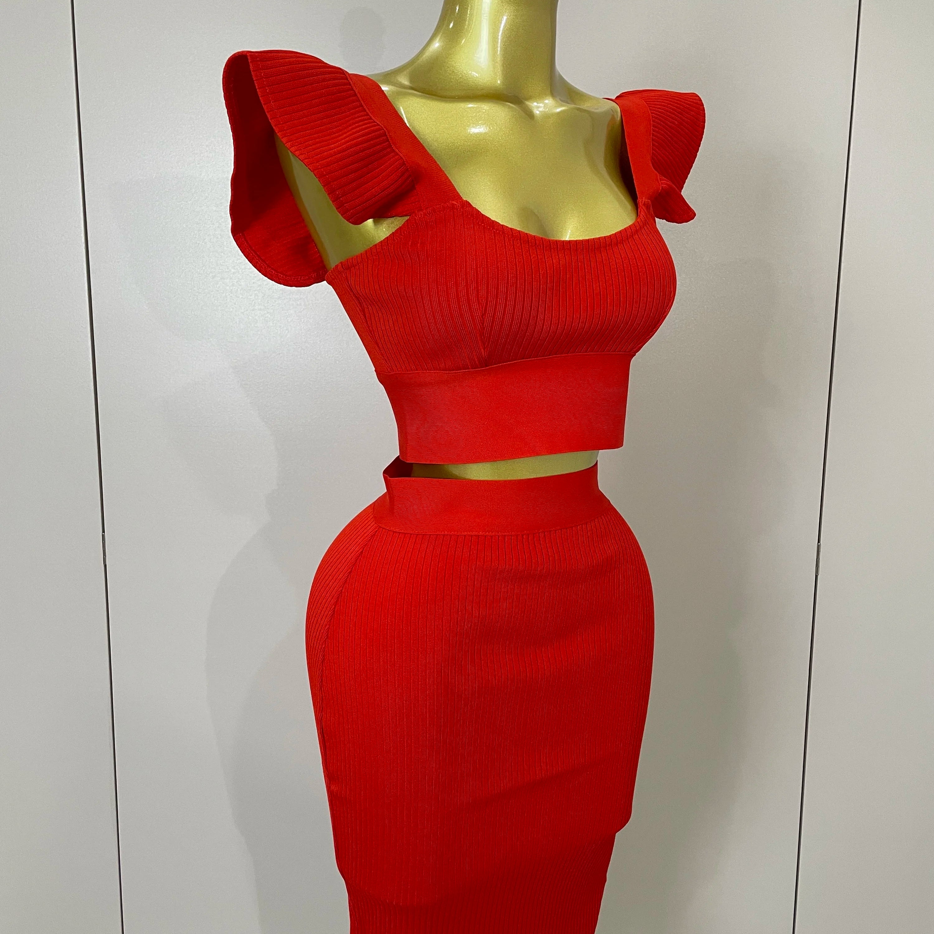 Women 2025 New Sexy Backless Ruffles Red Bandage Two Pices Set 2025 Celebrity Evening Elegance Birthday Party Dress