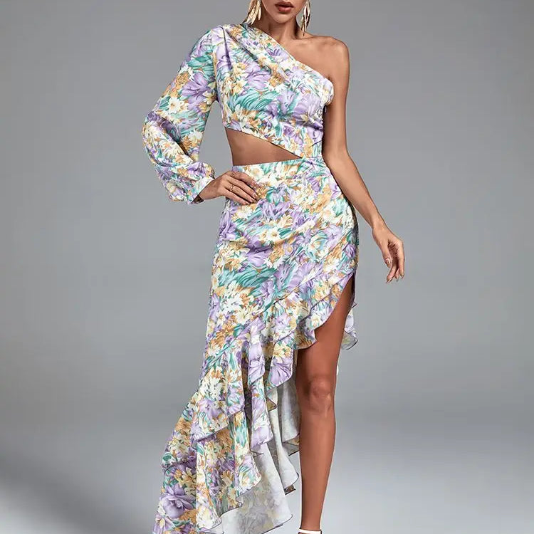 Floral Print Long Dress Women Luxury Evening Party Dress Elegant Ruffle Sexy One Shoulder Birthday Club Outfits Summer 2023 PURPLE