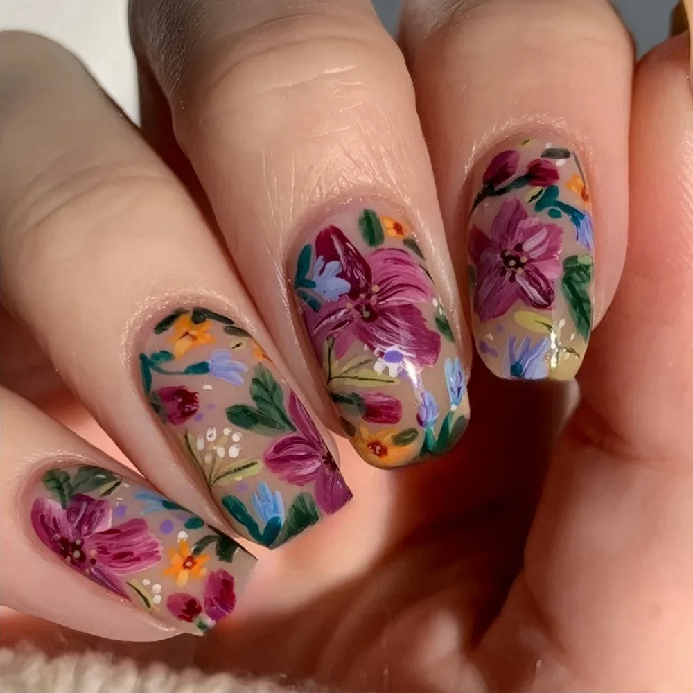 24pcs Press on Nails Square Flower False Nails Wearable Stick-on Nails Fake Nail Uñas Postizas Mujer Накладные Ногти 네일팁 1