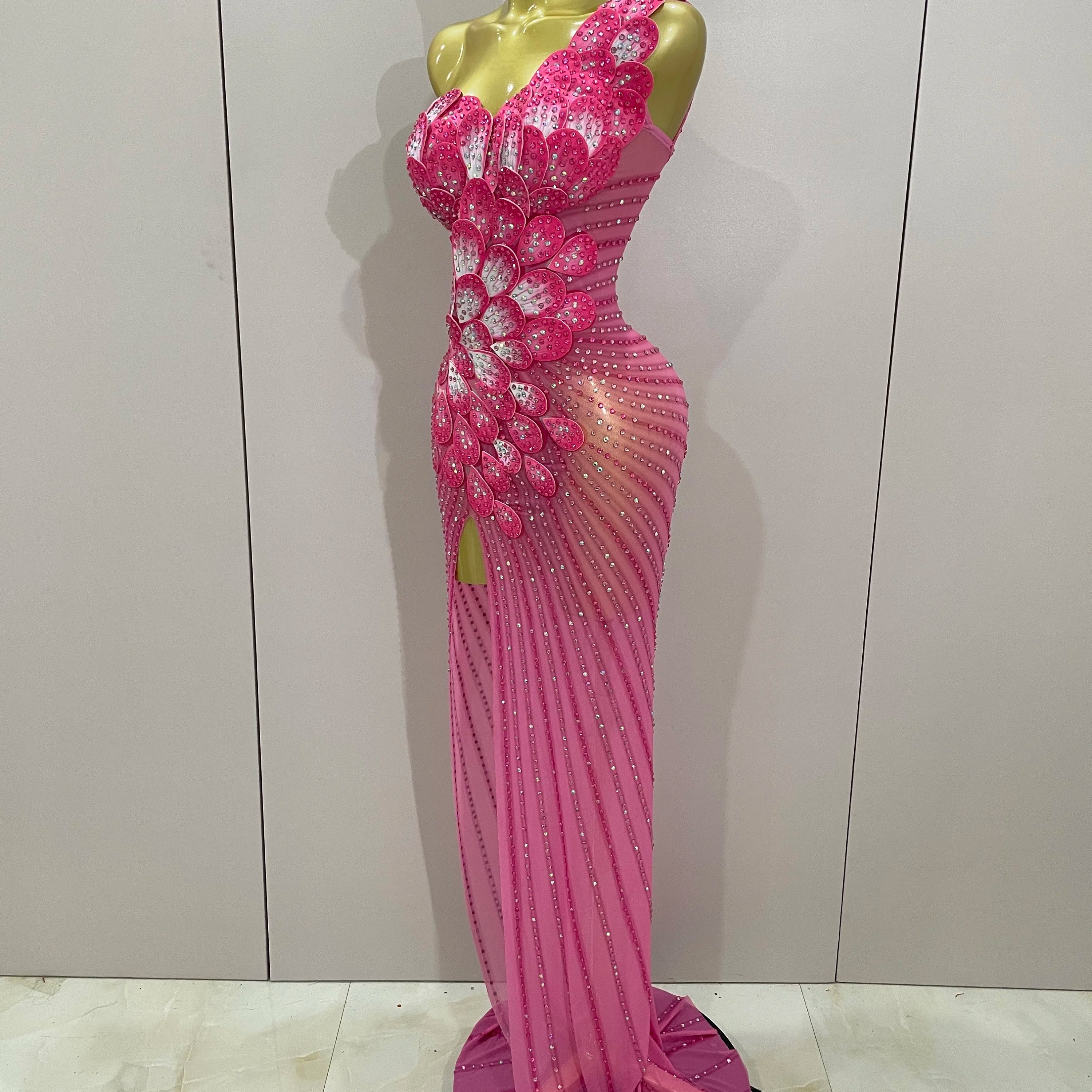 Luxury Shinning Rhinestones Flowers Sexy One Shoulder Bodycon Maxi Long Dress 2025 Women Evening Birthday Party Stage Costume