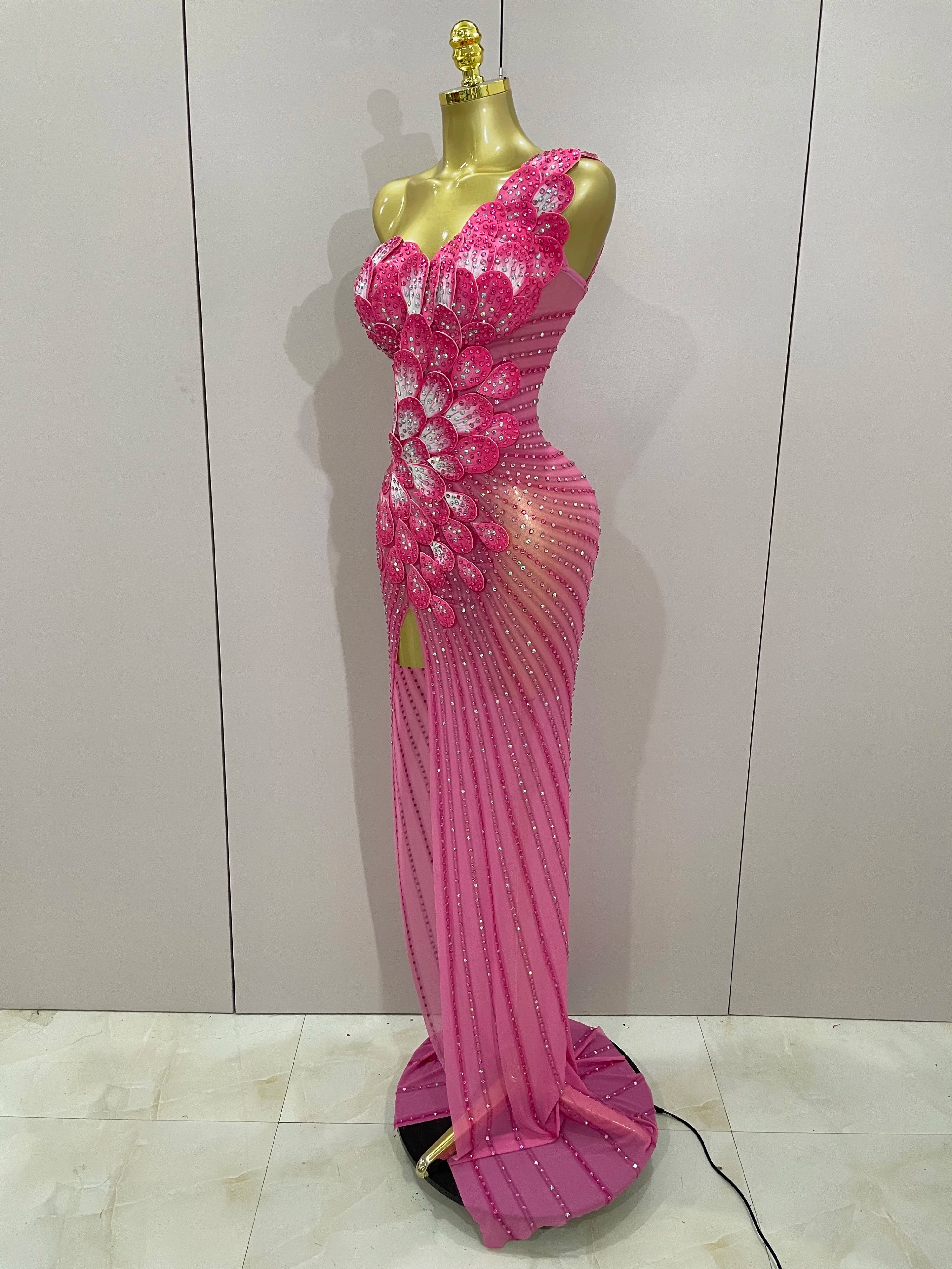 Luxury Shinning Rhinestones Flowers Sexy One Shoulder Bodycon Maxi Long Dress 2025 Women Evening Birthday Party Stage Costume