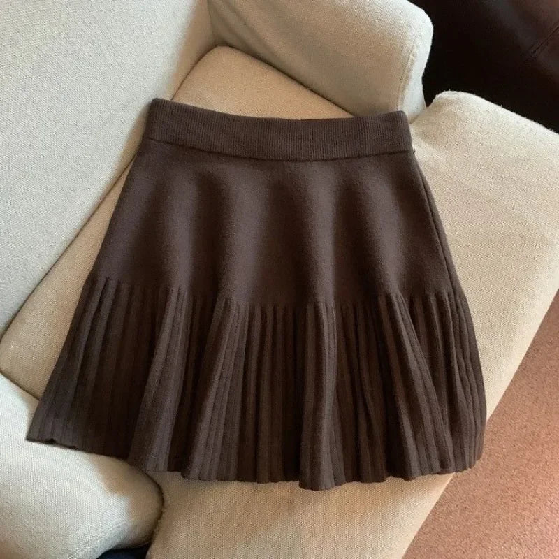 Pleated Skirt Women's Winter High-waisted A-line Skirt Knitted Skirt Preppy Style Women Clothing Brown One size