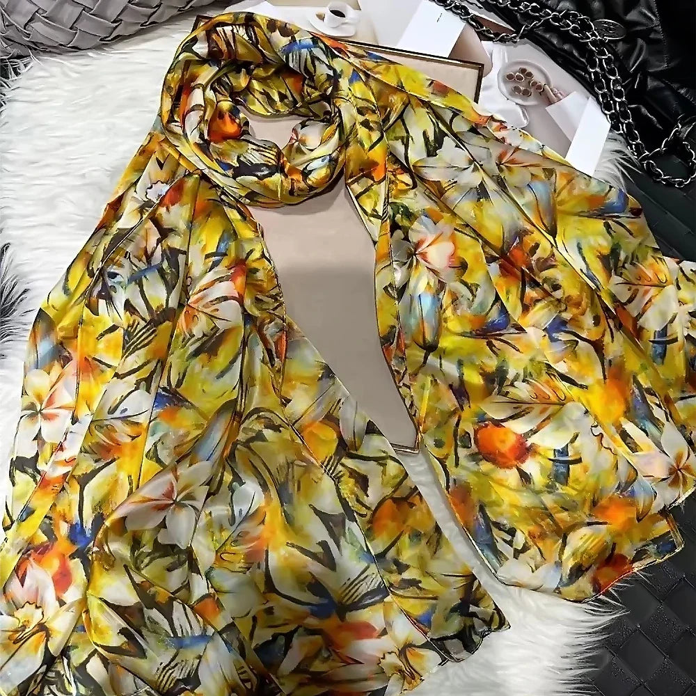 100% Mulberry Silk Scarf Shawl Brand Plum Bossom Design Blue Green Summer Beach Silk Shawls Scarfs Fall Winter Neck Head Scarf yellow flower