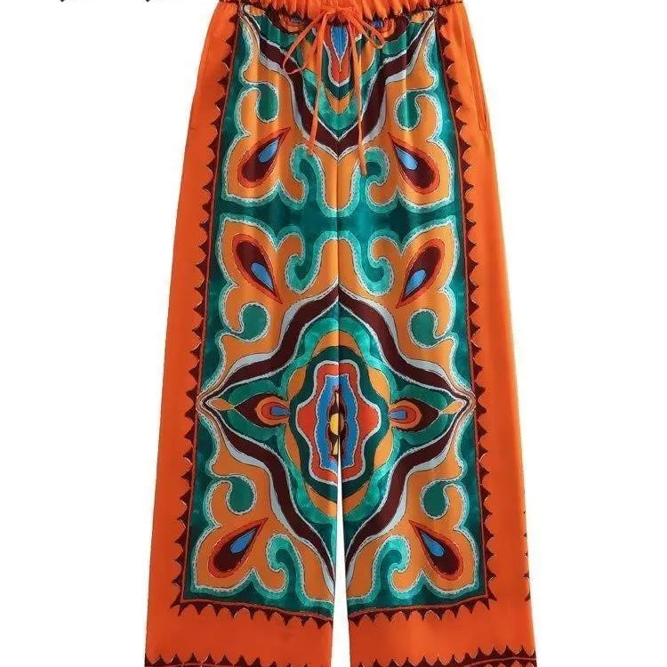 BlingBlingee Summer Printed Women Wide Pants Satin Suits Traf Asymmetric Sleeveless Strapless Crop Top Female Sets Y2K