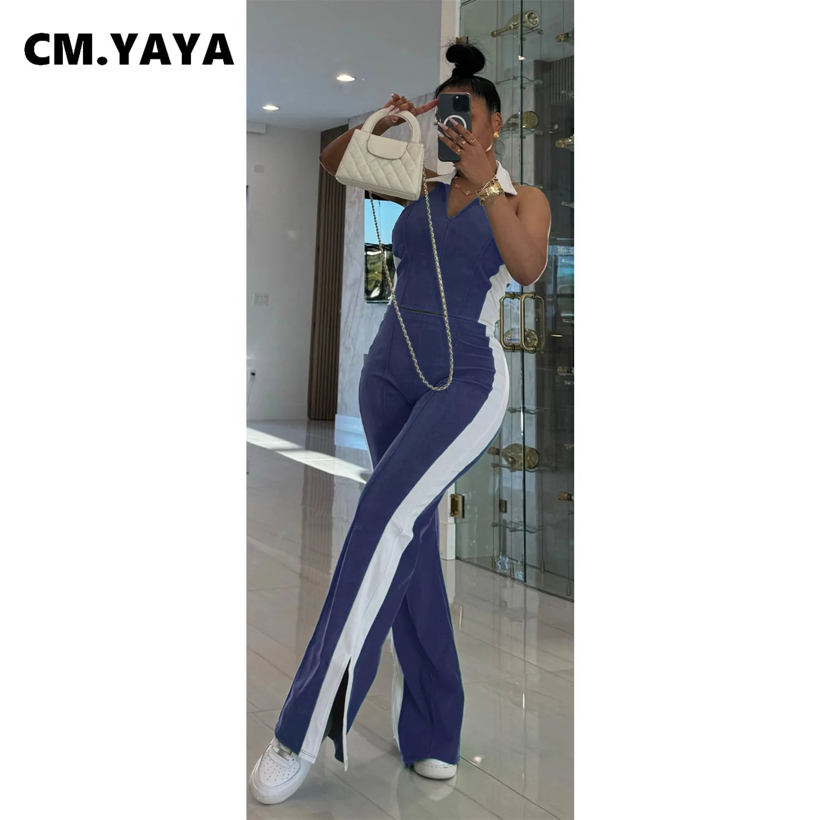 Sporty Patchwork Women's Set Sleeveless Polo-tank Tops and Slit Flare Pants 2025 Active Two 2 Piece Set Outfit Tracksuit