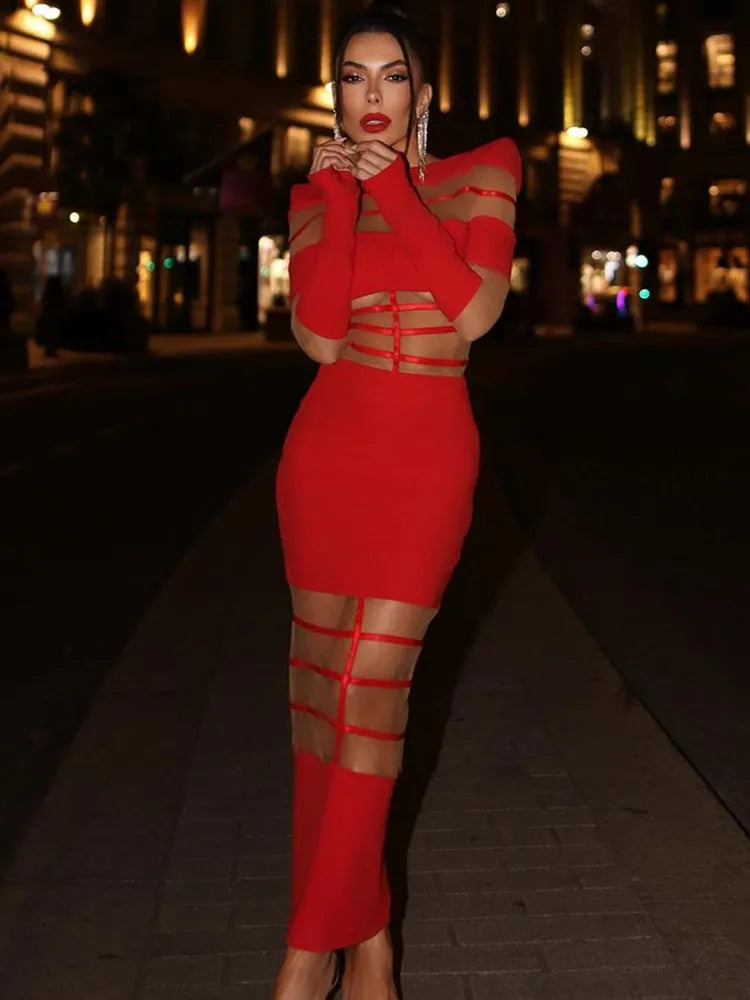 Autumn Sexy Long Sleeve Black Red White Ankle Length Mesh Women Celebrity Dress 2024 Elegant Party Evening Club Vestido Red