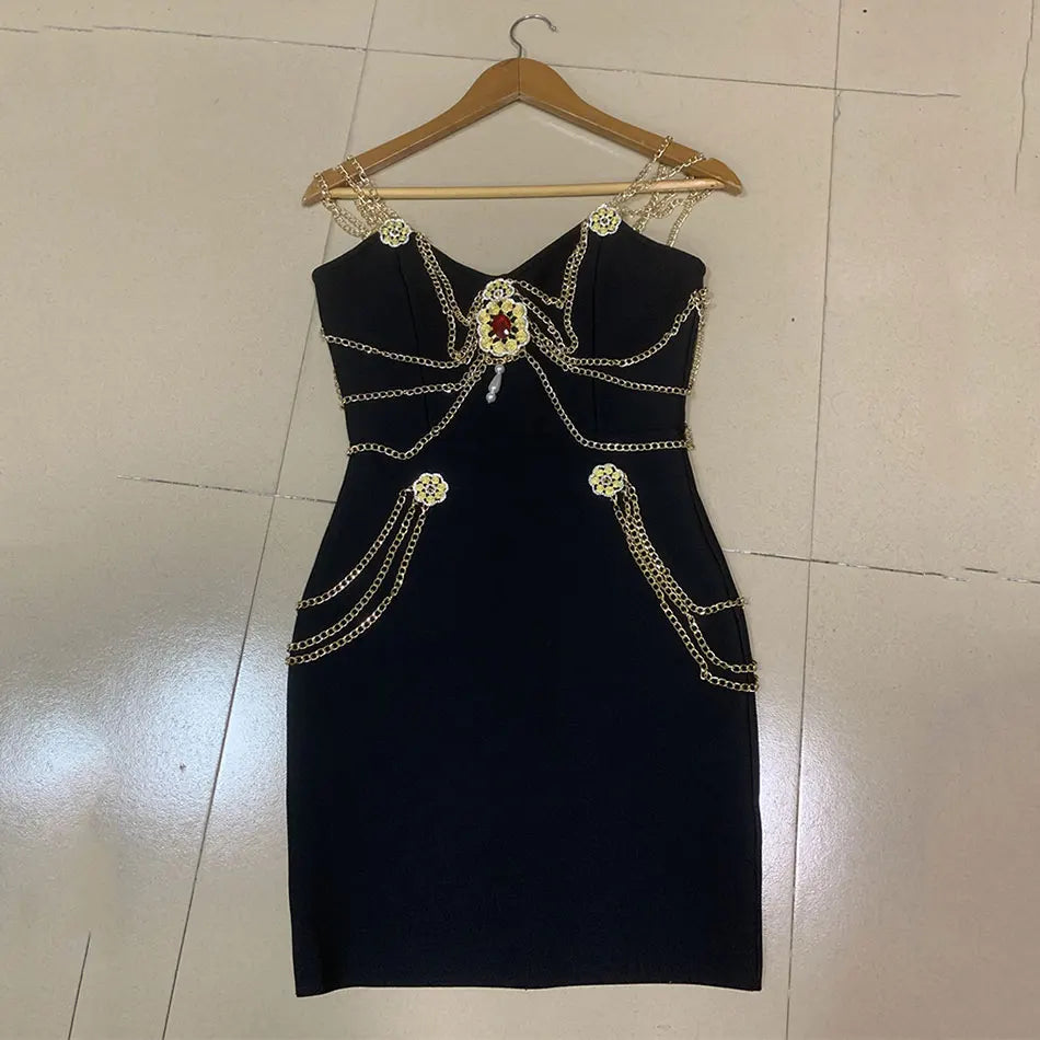 Runway Fashion Maxi Long Bandage Dress Open Fork Chains Strap Fashion Beading Bandage Dress Cocktail Party Bodycon Dresses 2025 as photo 1