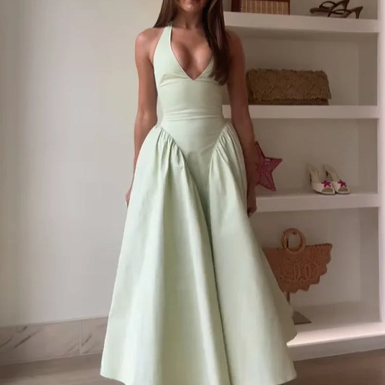 2025 Elegant White O Neck Pleated Hem Maxi Dress Women Fashion Open Back Solid A-line Dresses New Spring Summer Lady Party Robes black