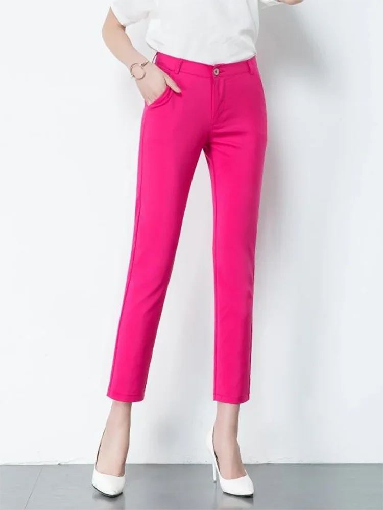 S-4xl Big Size Office Pencil Pants Womens Formal New Elegant OL Work Pantalones Elastic Cotton Slim Ankle-length Trousers rose red