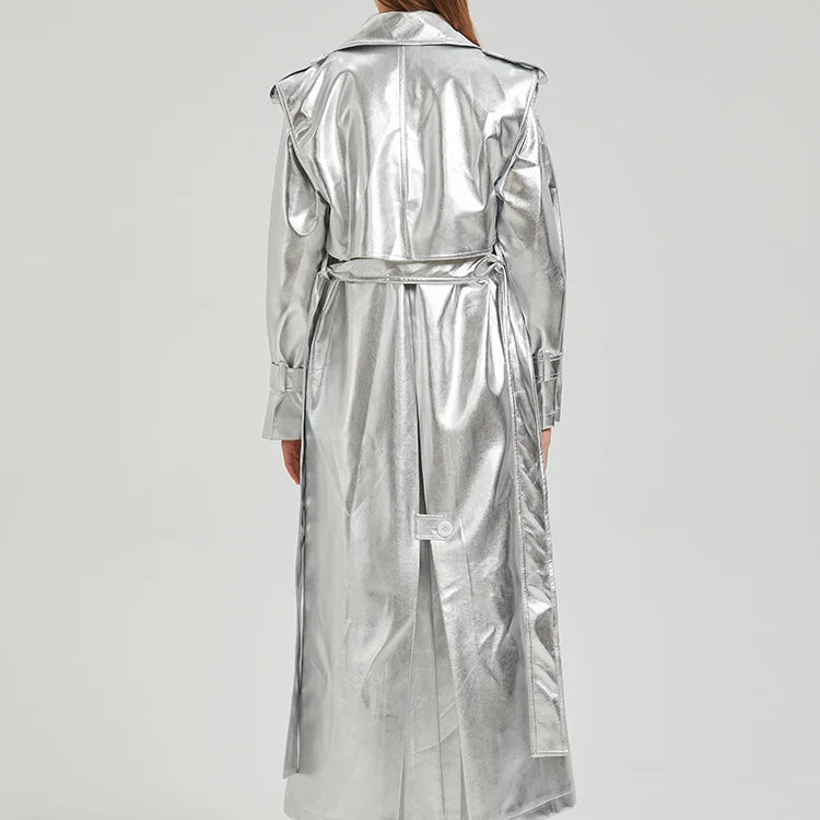 Autumn Extra Long Gold Shiny Patent Pu Leather Trench Coat for Women Single Breasted Luxury Designer Overcoat 2024