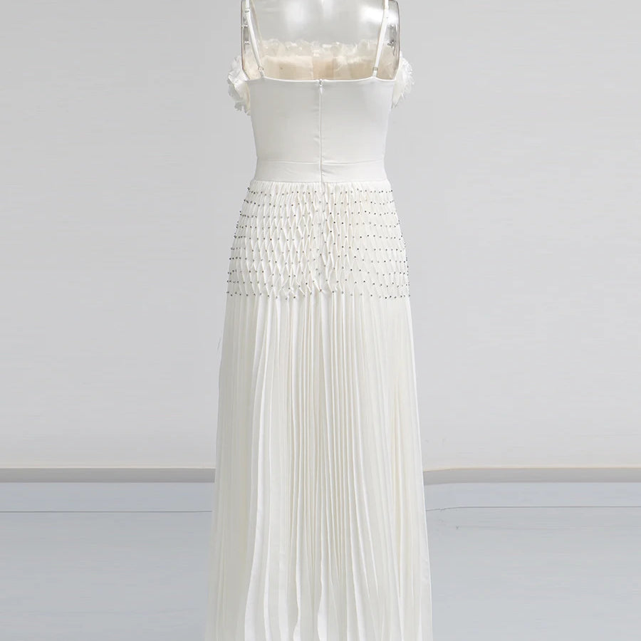 Solid Spliced Appliques Elegant Dresses for Women Deep V Neck Sleeveless Patchwork Folds Dress Female Fashion New