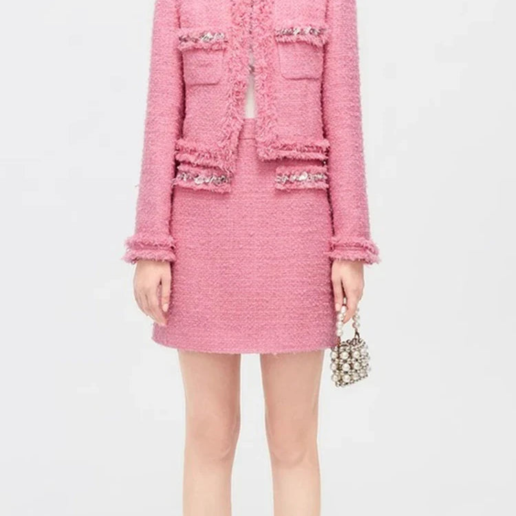 Luxury Style Fashion Diamonds Women's Tweed Woolen Jacket And Skirt Suit Elegant Autumn Winter Office Dress Set 2 Piece Outfits