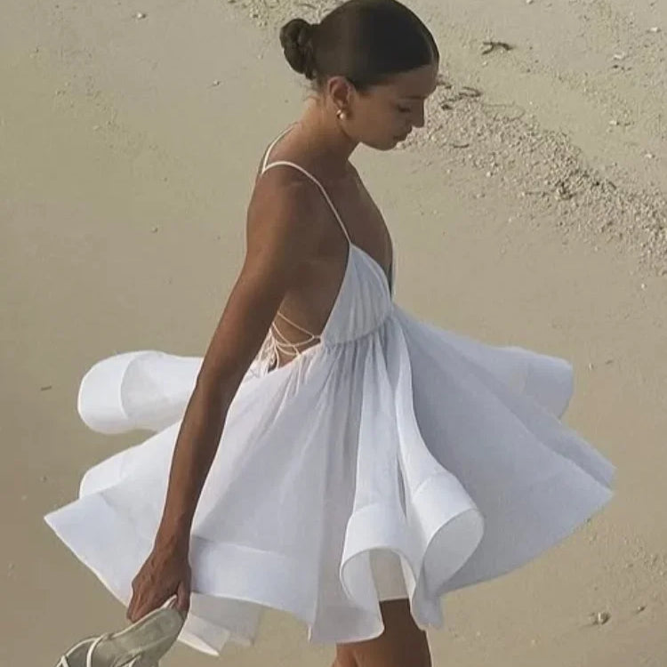 Elegant Yellow Pleated A-line Hem Mini Dress Women Sexy Sleeveless Open Back Lace-up Dresses Summer Lady Holiday Beach Vestidos White